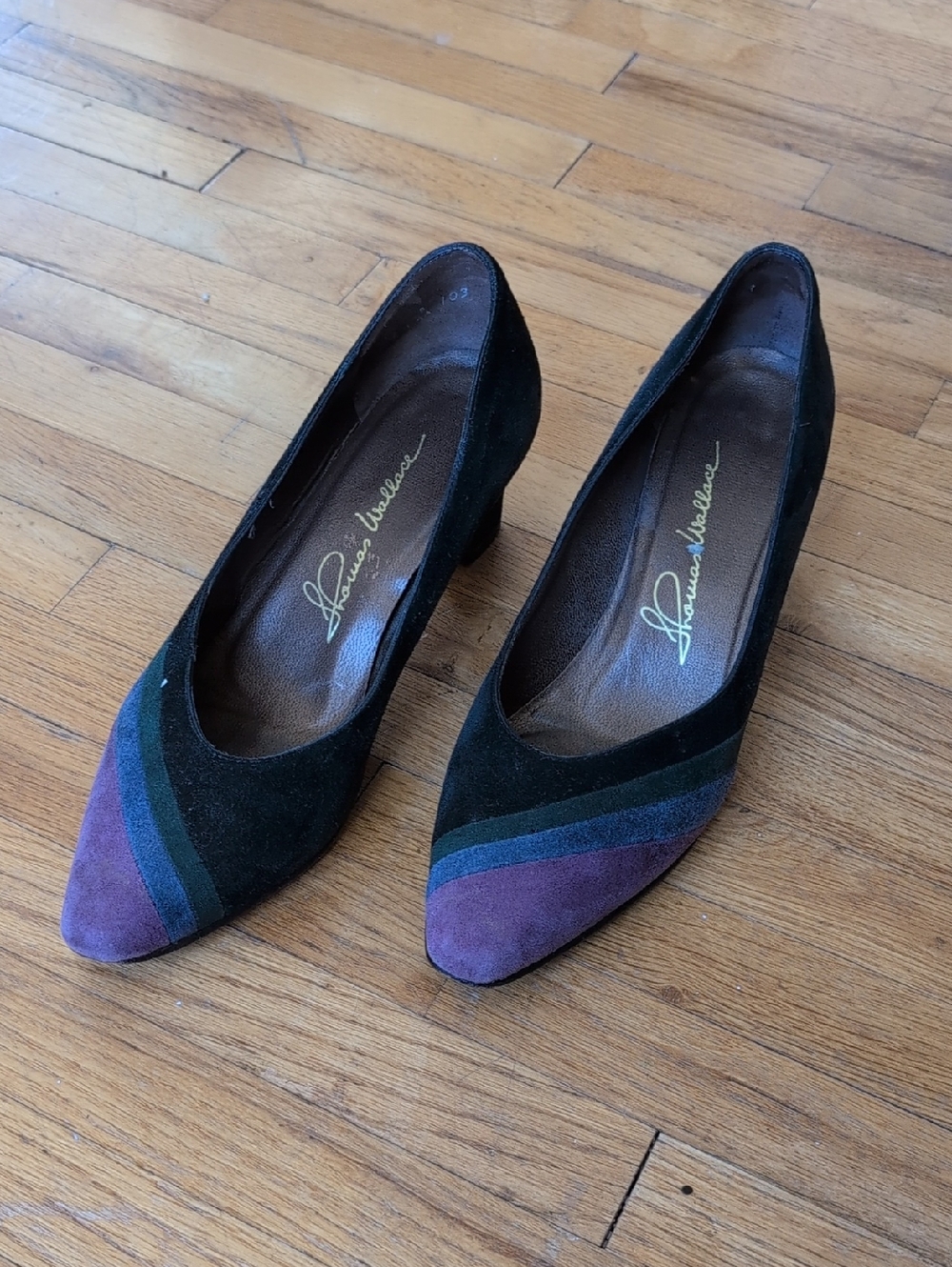 Vintage Black Suede Pumps With Multicolor Accent